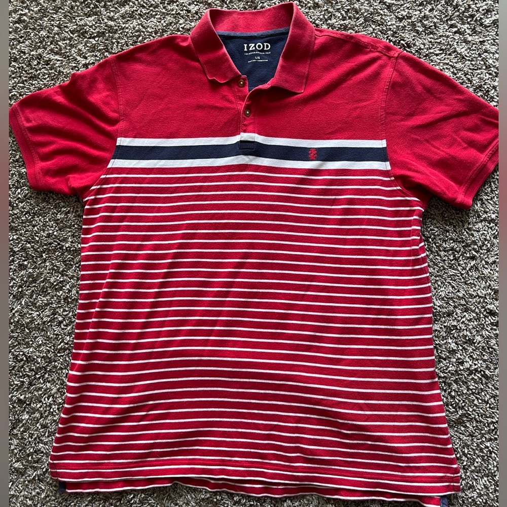 Izod Golf Mens Size L Large Red Black White Striped Logo Polo Shirt Short Sleeve